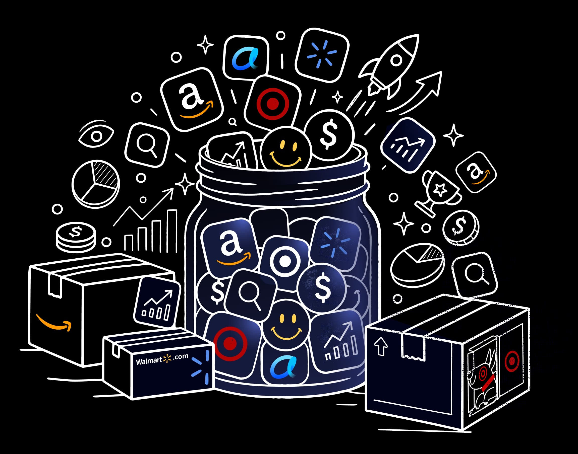 Overflow product illustration showing AI visibility insights and commerce metrics